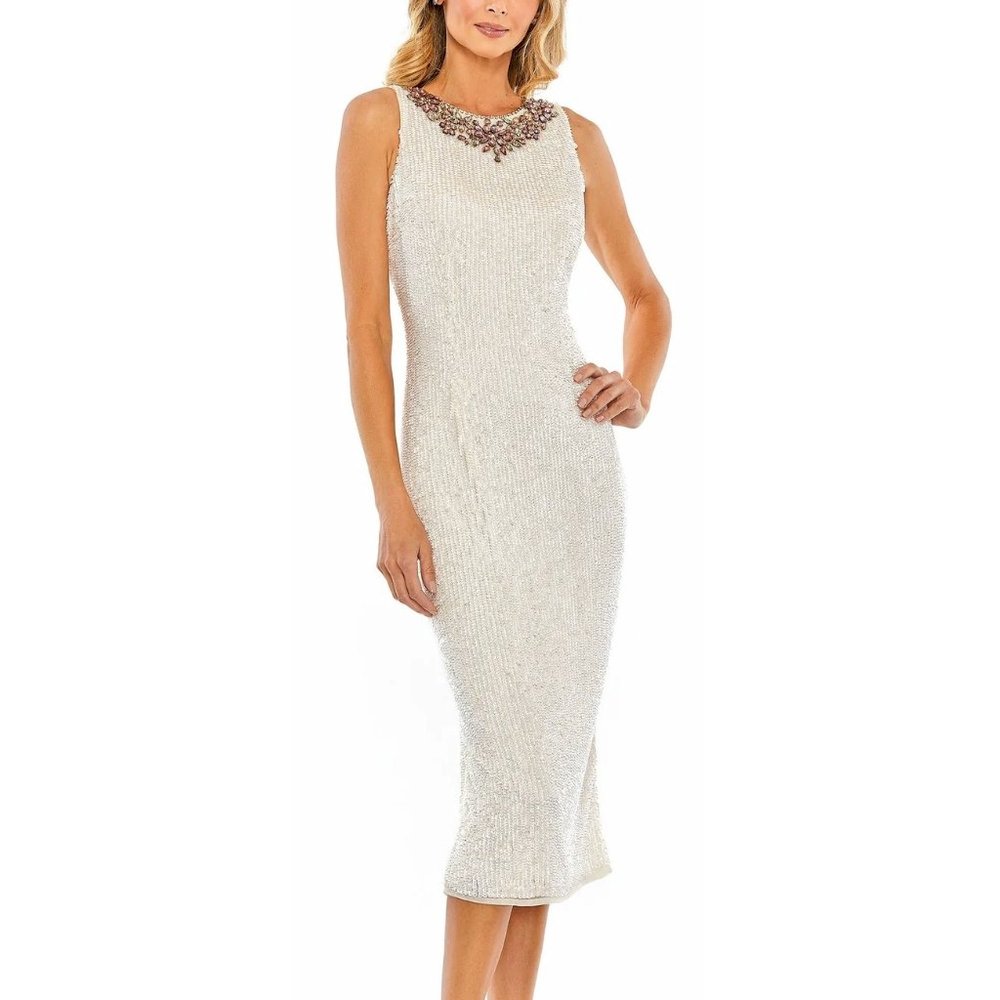 Mac Duggal Cream Beaded Midi Dress